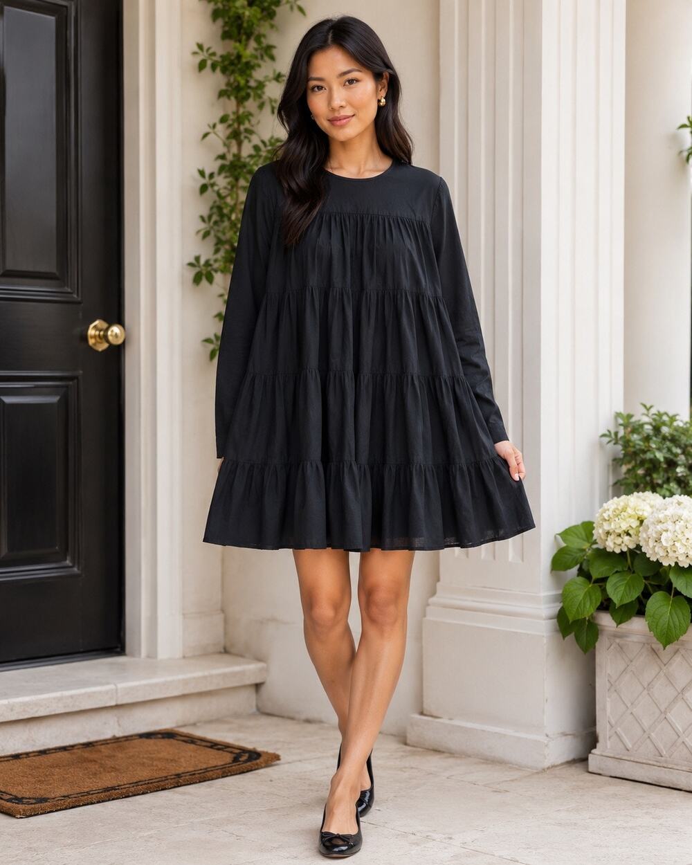 Merlette 100% Cotton Black Soliman Tiered Ruffle Mini Dress Size Small